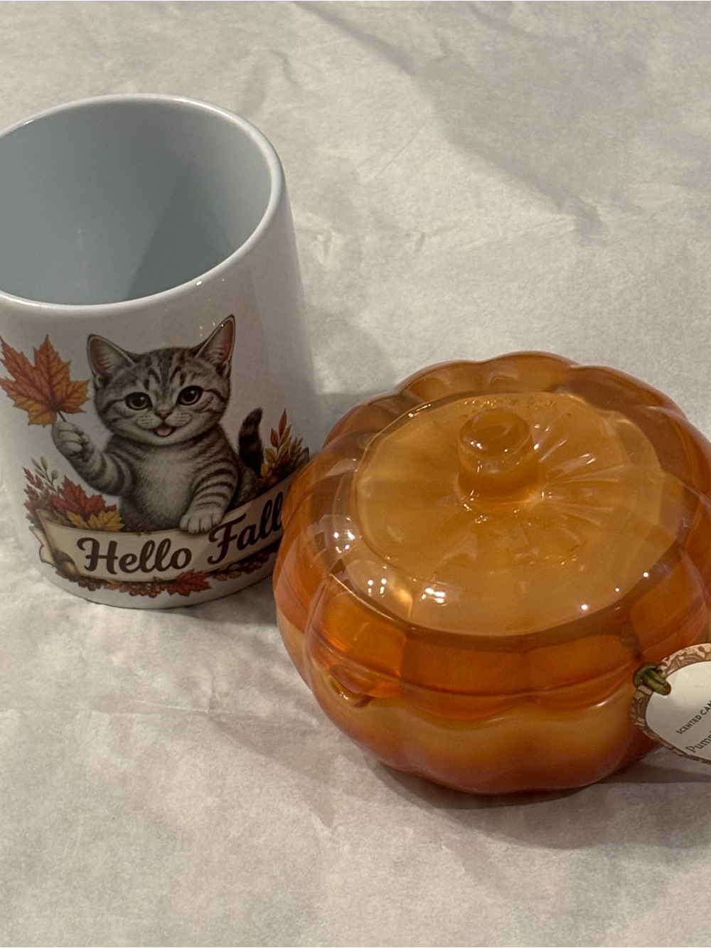 Threshold White Cat 'Hello Fall' Mug with Orange Pumpkin Trinket Dish